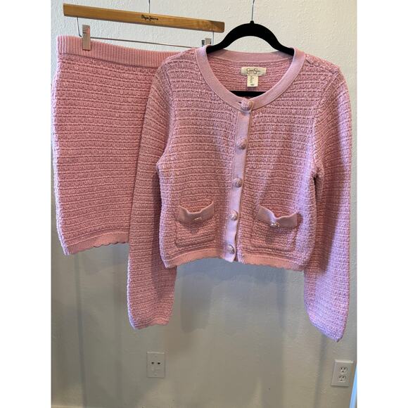 Jessica Simson Knit Jacket Skirt Set Pink Cotton Womens Size Large - Picture 1 of 5